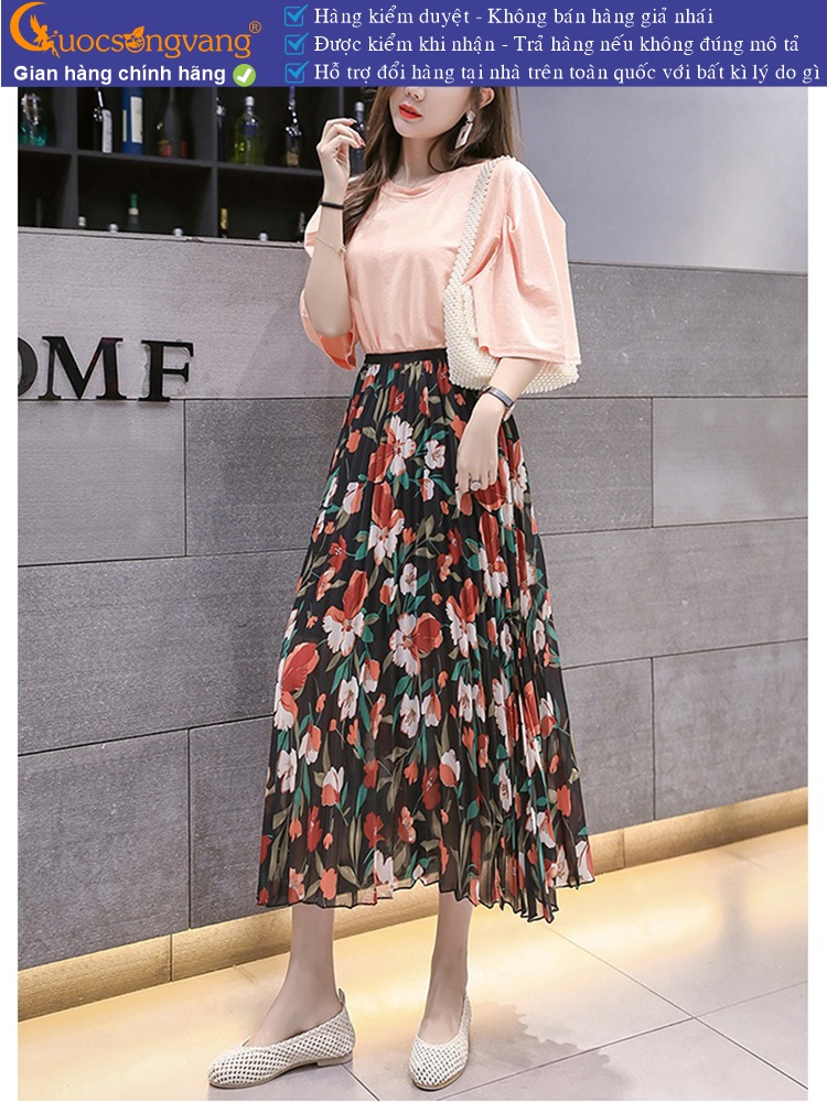 Chân váy midi dập li eo thun có lót trong GLV158