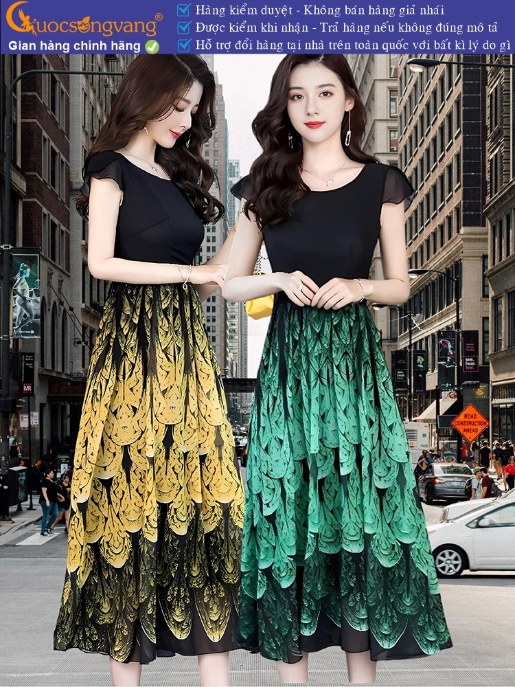 Váy đầm dài cổ tròn ngắn tay maxi in đuôi công GLV152