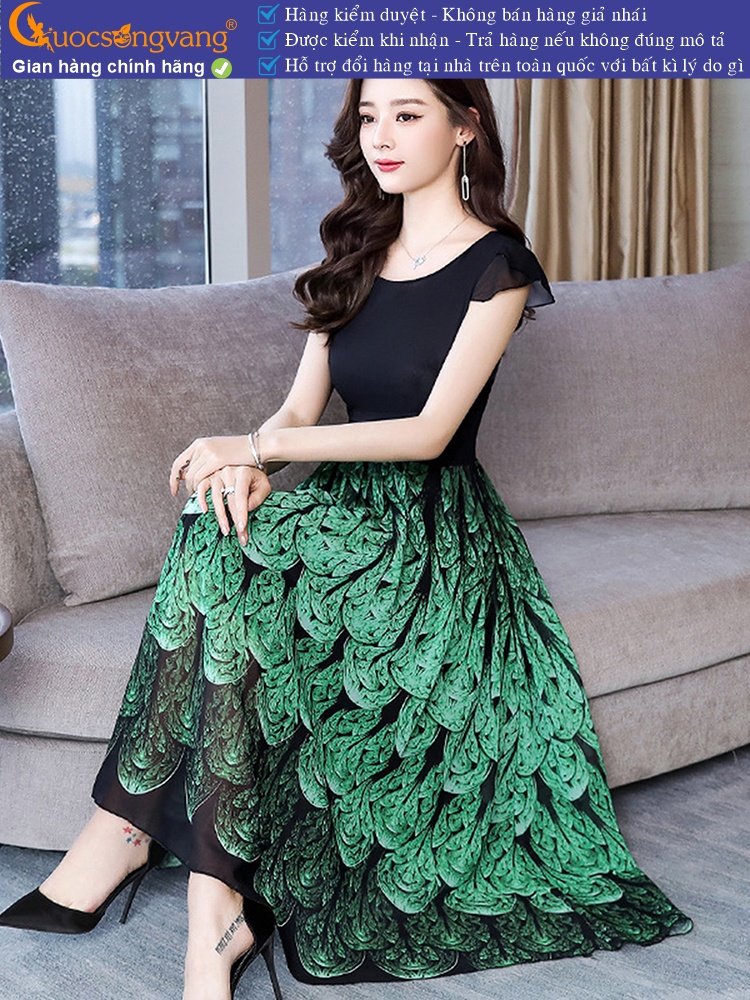 Váy đầm dài cổ tròn ngắn tay maxi in đuôi công GLV152