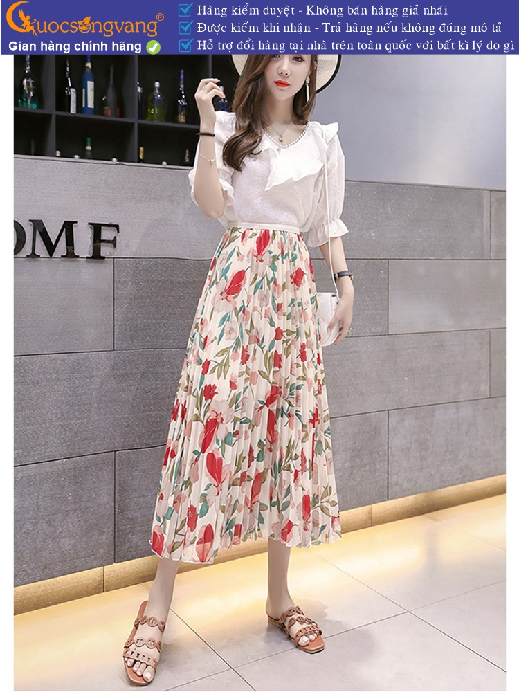Chân váy midi dập li eo thun có lót trong GLV158