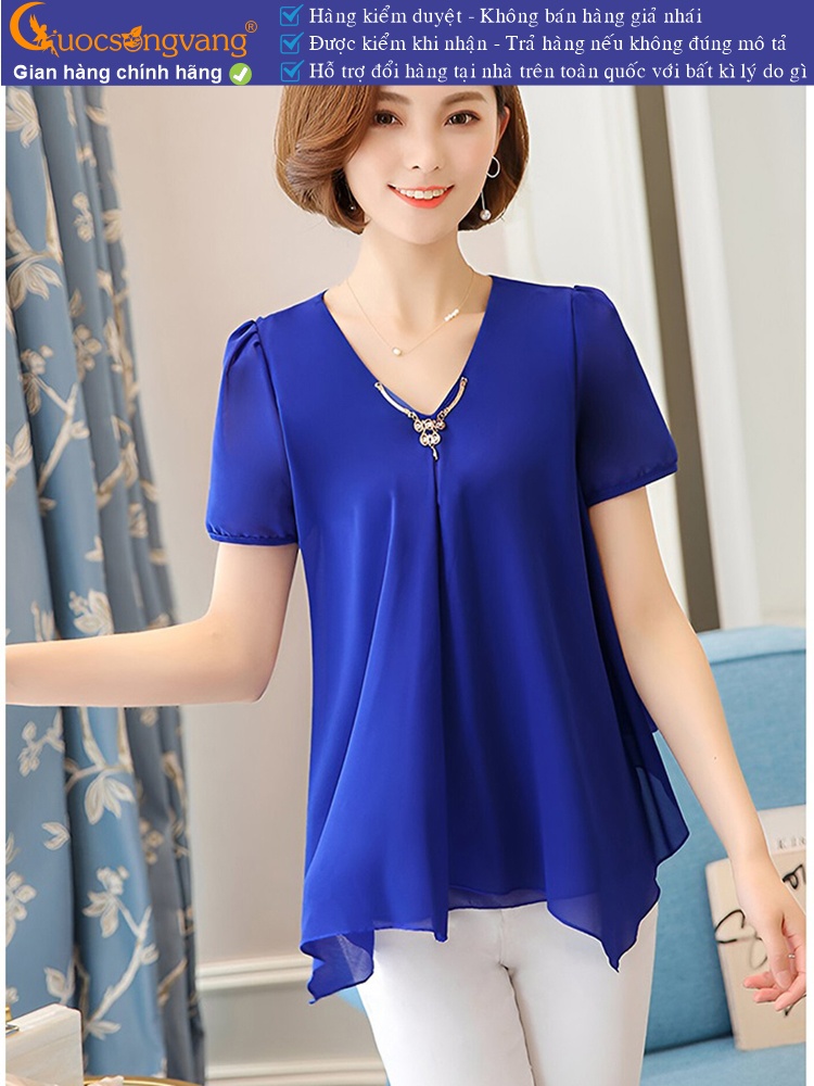 Áo kiểu voan xốp ngắn tay cổ v móc kim loại GLA103