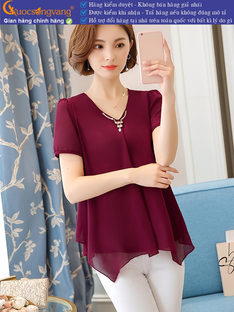 Áo kiểu voan xốp ngắn tay cổ v móc kim loại GLA103