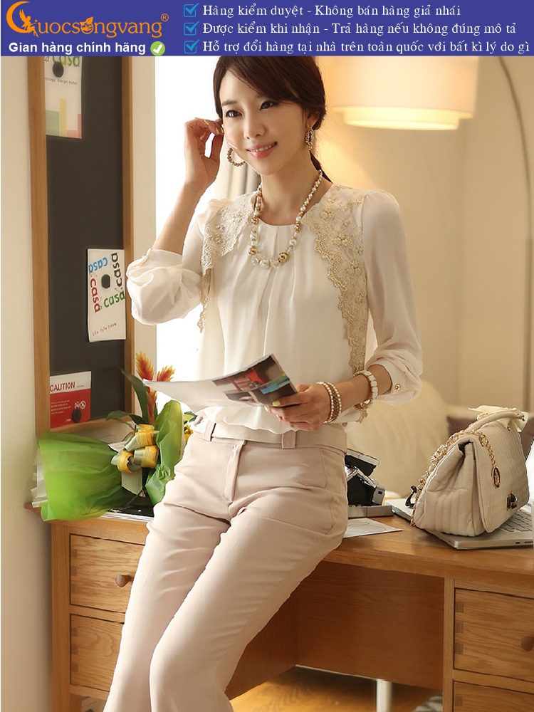 Áo kiểu voan đính ren dài tay cổ tròn dáng suông GLA065
