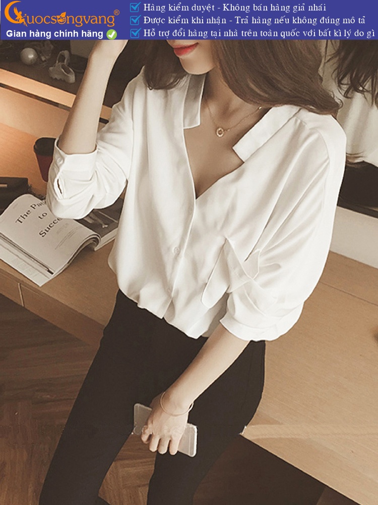 Áo sơ mi nữ voan cổ v dài tay gáy v dáng suông GLA042