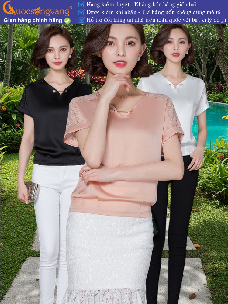 Áo lụa nữ gấu thun cổ v ngắn tay phối ren GLA113