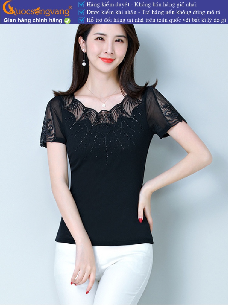 Áo thun nữ thêu ren áo kiểu đính đá ngắn tay GLA175