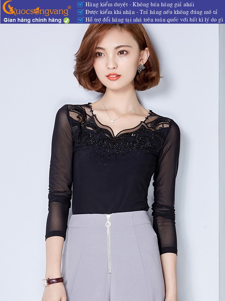 Áo thun nữ đính đá phối ren lưới GLA157