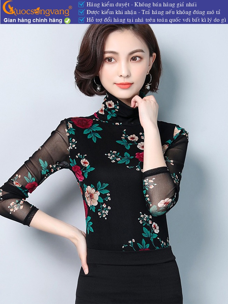 Áo thun nữ dài tay cổ cao thun lưới in hoa GLA238