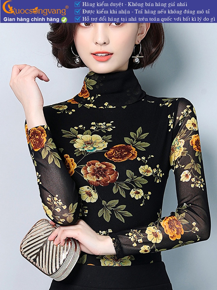 Áo thun nữ dài tay cổ cao thun lưới in hoa GLA238