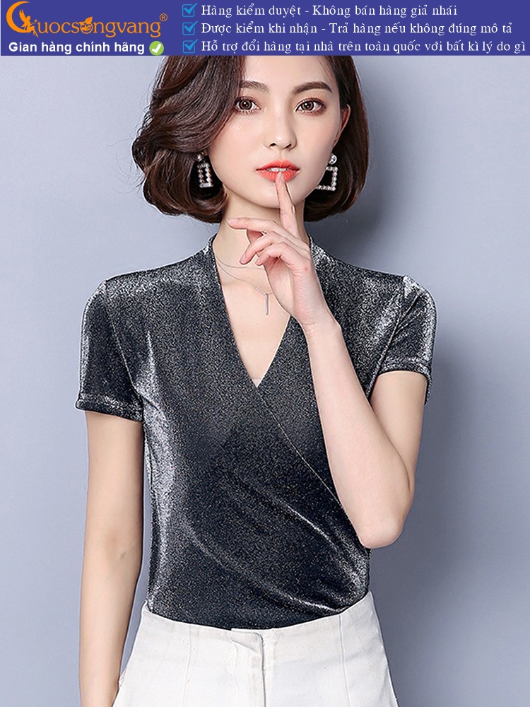 Áo nhung ánh kim hè thu cổ v ngắn tay GLA177