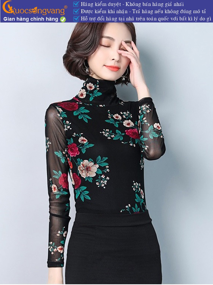 Áo thun nữ dài tay cổ cao thun lưới in hoa GLA238
