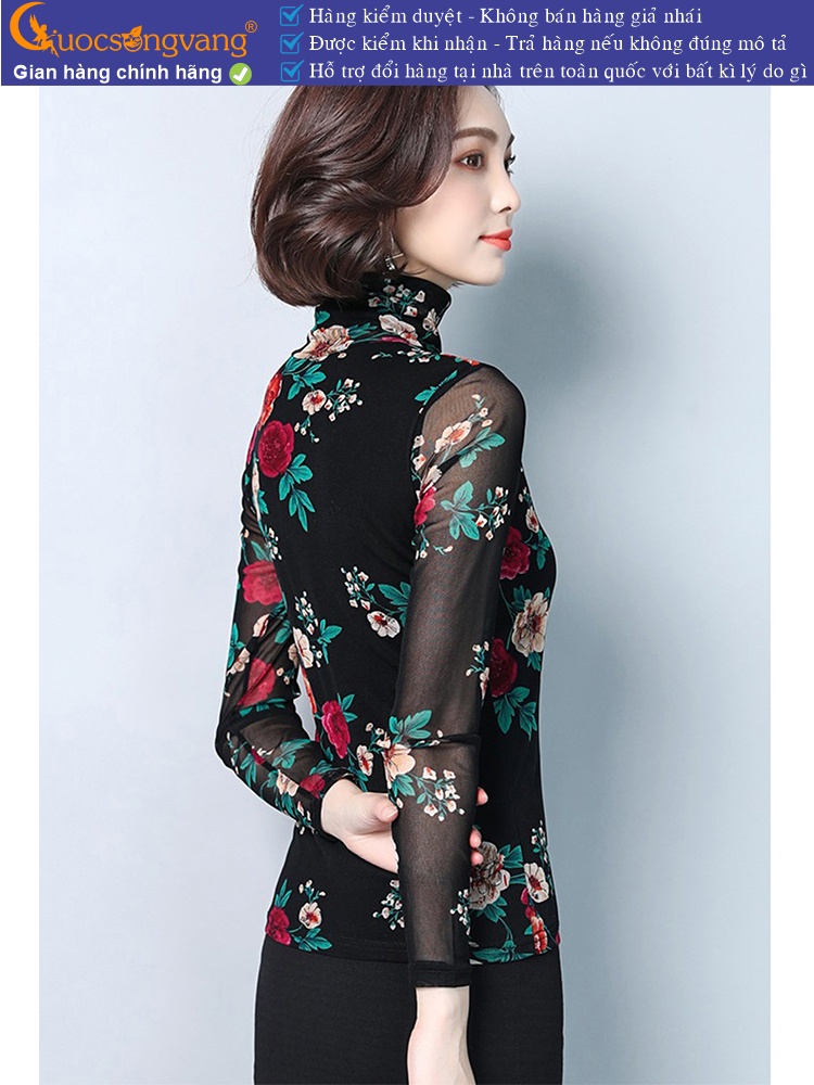 Áo thun nữ dài tay cổ cao thun lưới in hoa GLA238
