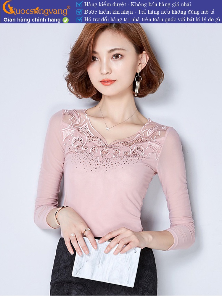 Áo thun nữ đính đá phối ren lưới GLA157