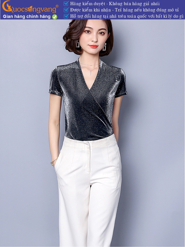 Áo nhung ánh kim hè thu cổ v ngắn tay GLA177