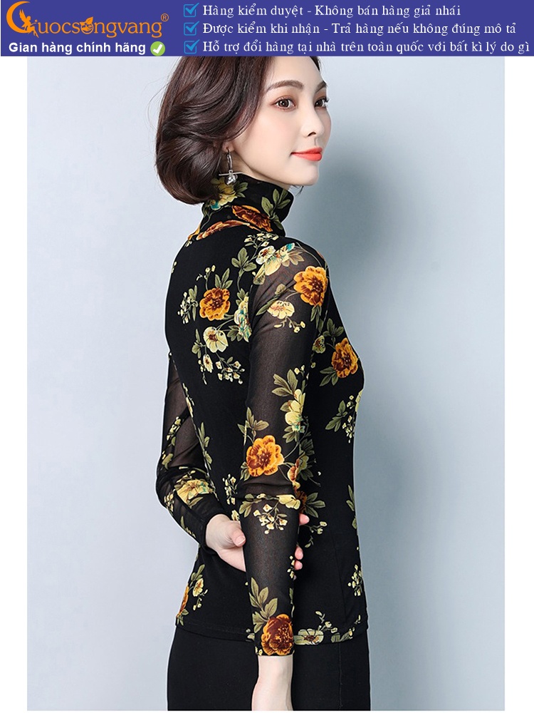 Áo thun nữ dài tay cổ cao thun lưới in hoa GLA238