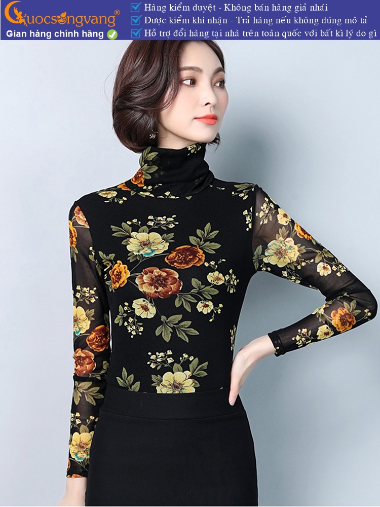 Áo thun nữ dài tay cổ cao thun lưới in hoa GLA238