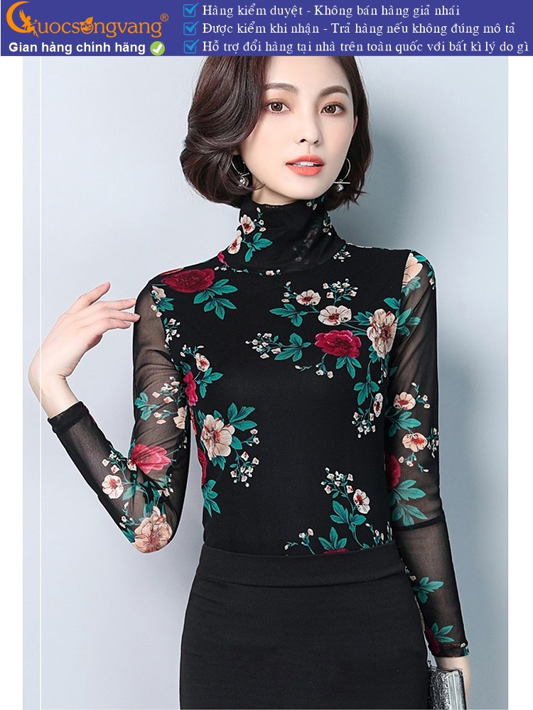 Áo thun nữ dài tay cổ cao thun lưới in hoa GLA238