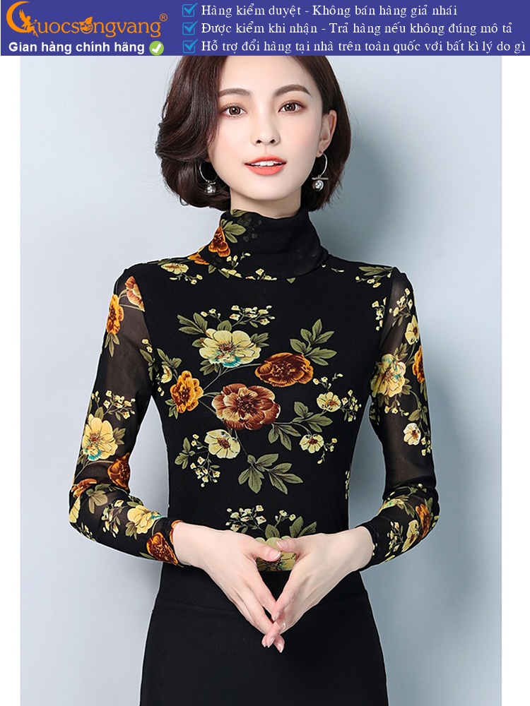 Áo thun nữ dài tay cổ cao thun lưới in hoa GLA238
