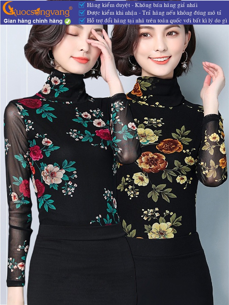 Áo thun nữ dài tay cổ cao thun lưới in hoa GLA238