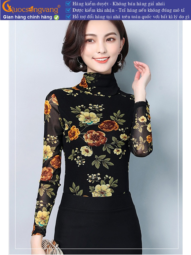 Áo thun nữ dài tay cổ cao thun lưới in hoa GLA238