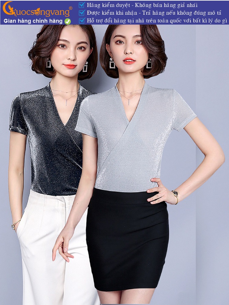 Áo nhung ánh kim hè thu cổ v ngắn tay GLA177