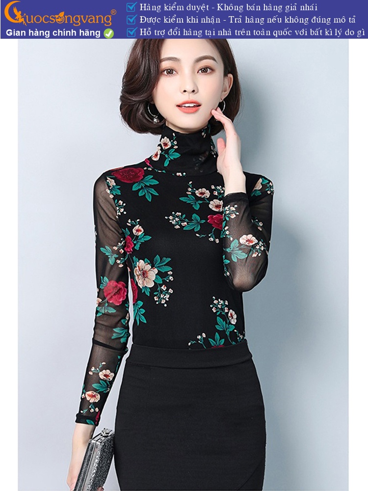 Áo thun nữ dài tay cổ cao thun lưới in hoa GLA238