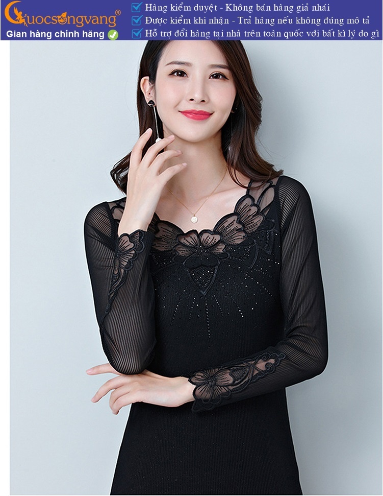 Áo thun nữ dài tay cổ tròn ren lưới GLA255
