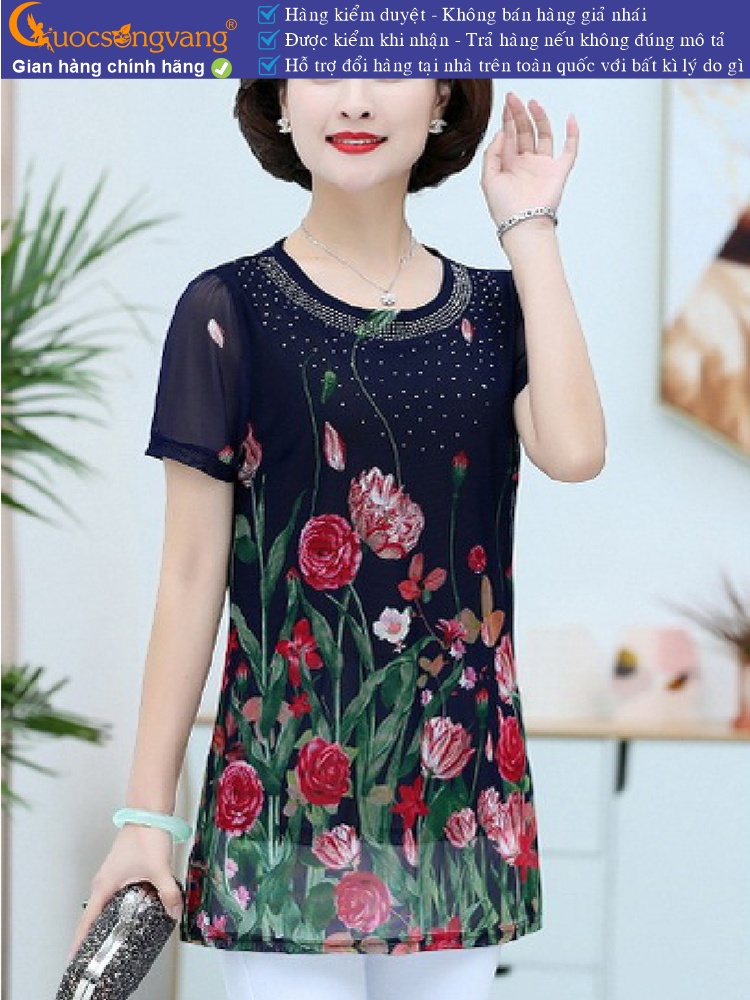 Áo kiểu trung niên big size in hoa dáng dài đính cườm GLA258
