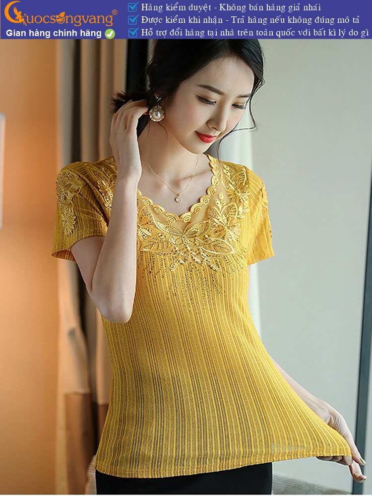Áo thun nữ thêu đính đá cổ tim ngắn tay GLA263