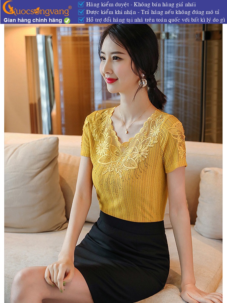 Áo thun nữ thêu đính đá cổ tim ngắn tay GLA263