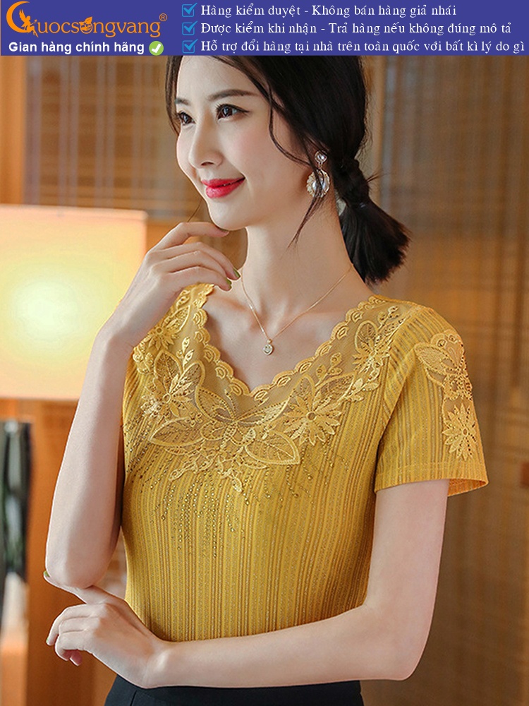 Áo thun nữ thêu đính đá cổ tim ngắn tay GLA263