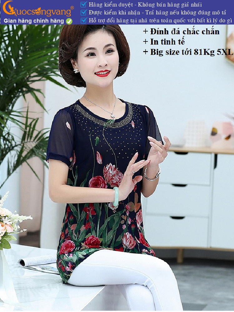 Áo kiểu trung niên big size in hoa dáng dài đính cườm GLA258