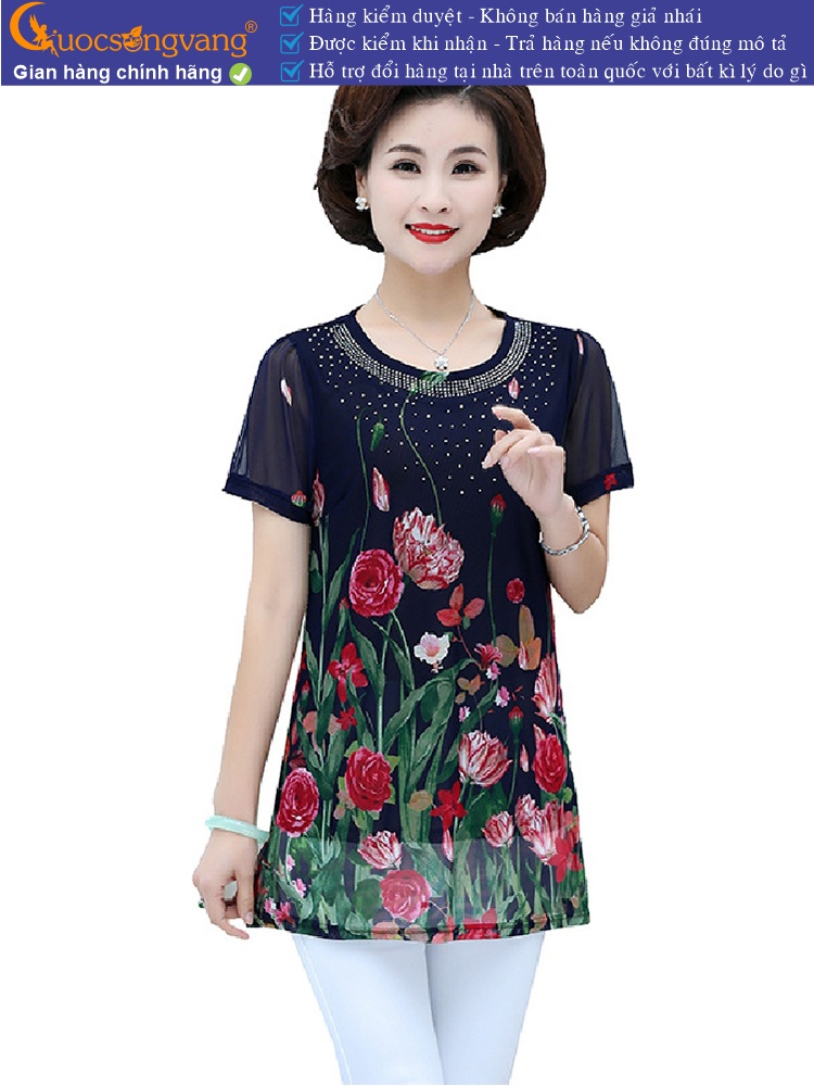 Áo kiểu trung niên big size in hoa dáng dài đính cườm GLA258