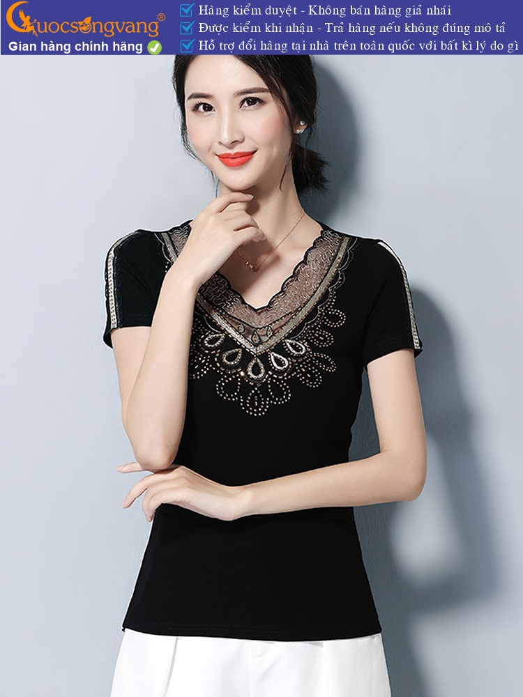 Áo thun nữ kiểu cổ tim đính đá GLA262