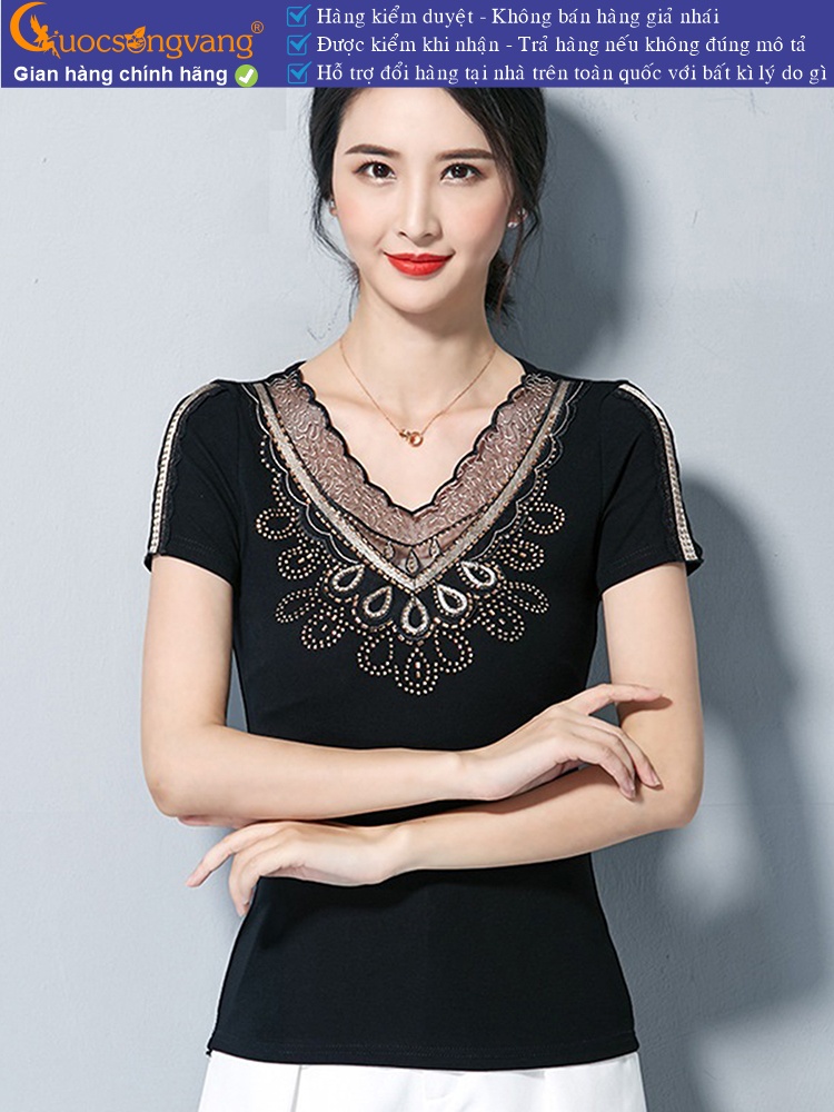 Áo thun nữ kiểu cổ tim đính đá GLA262
