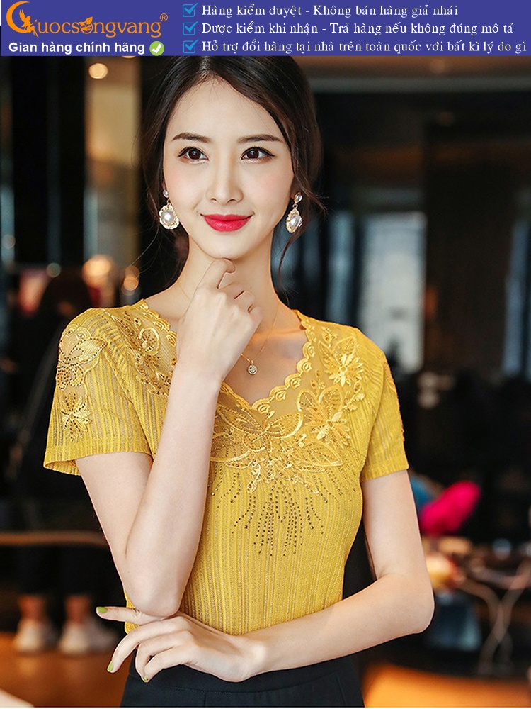 Áo thun nữ thêu đính đá cổ tim ngắn tay GLA263