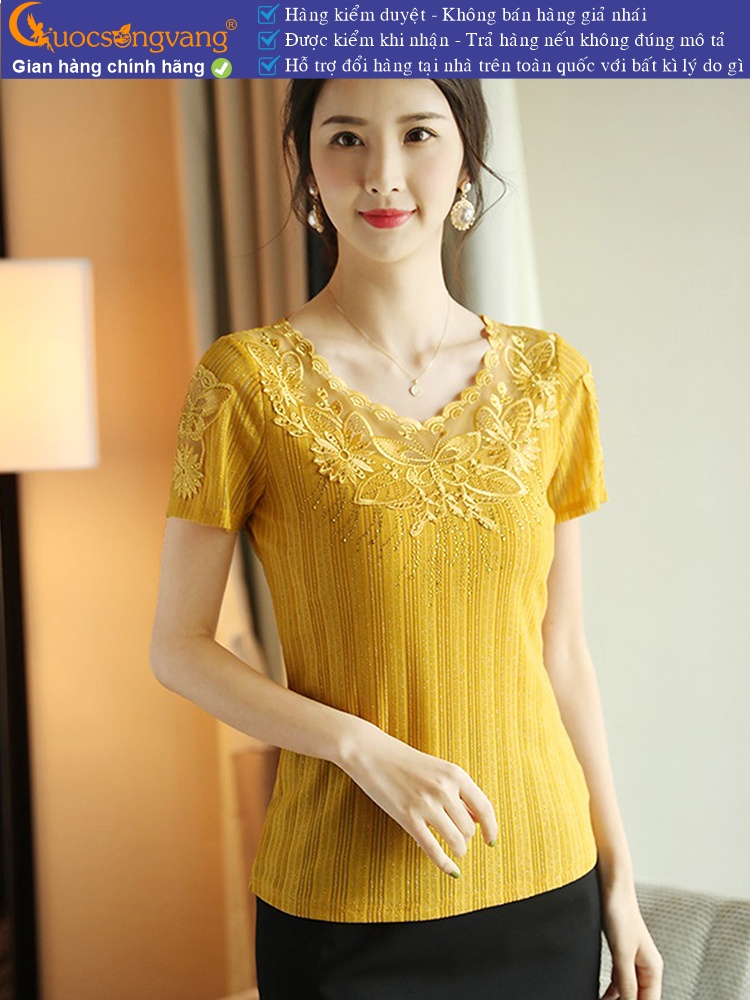 Áo thun nữ thêu đính đá cổ tim ngắn tay GLA263