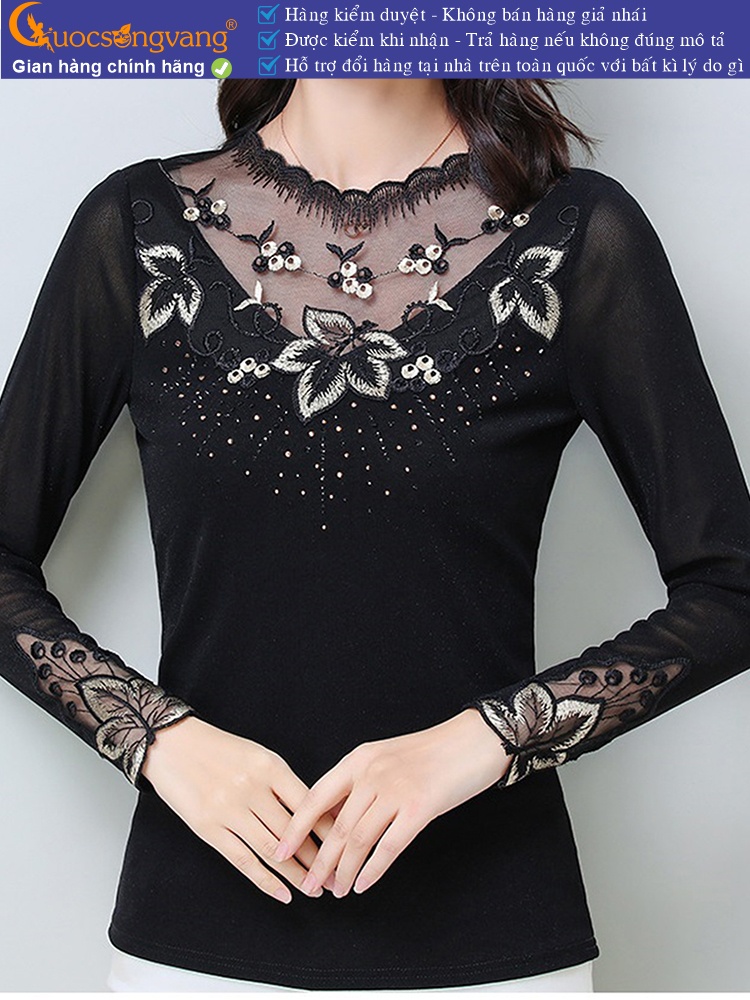 áo thun nữ thêu ren lưới dài tay GLA283