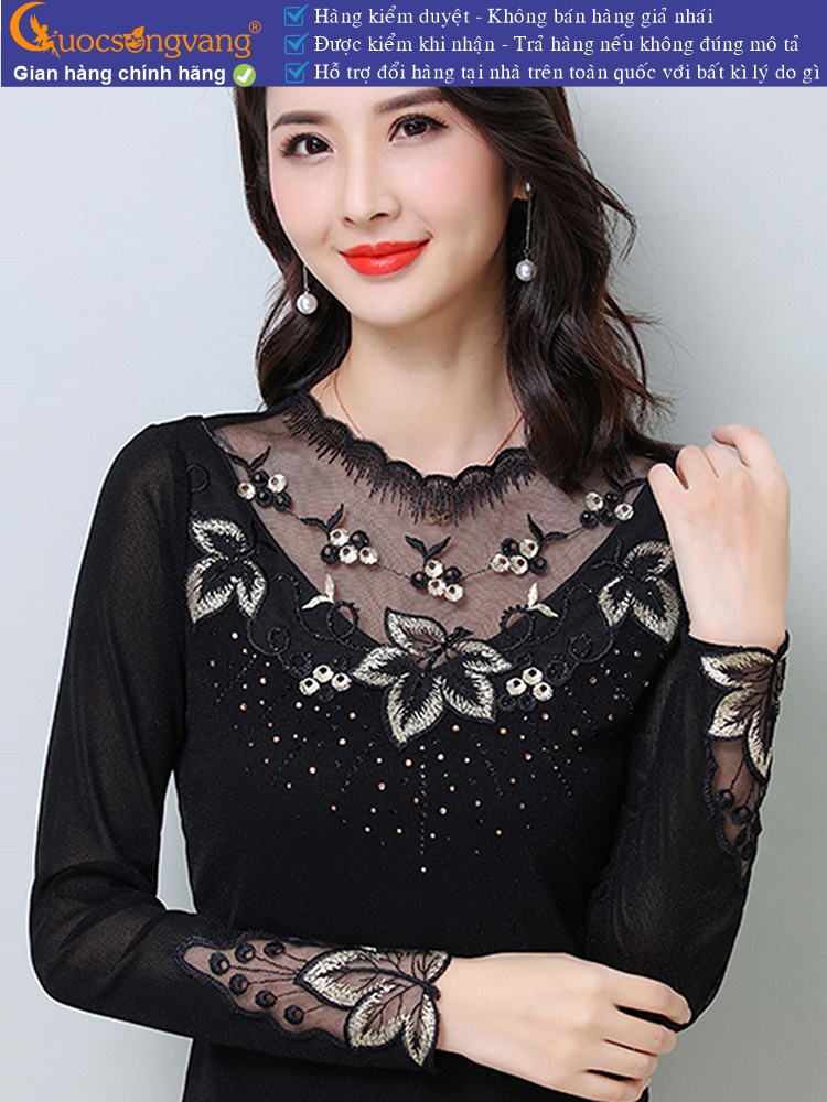 áo thun nữ thêu ren lưới dài tay GLA283