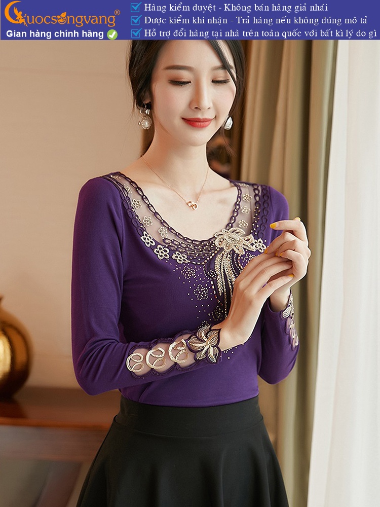 Áo thun nữ dài tay ren lưới đính đá GLA286