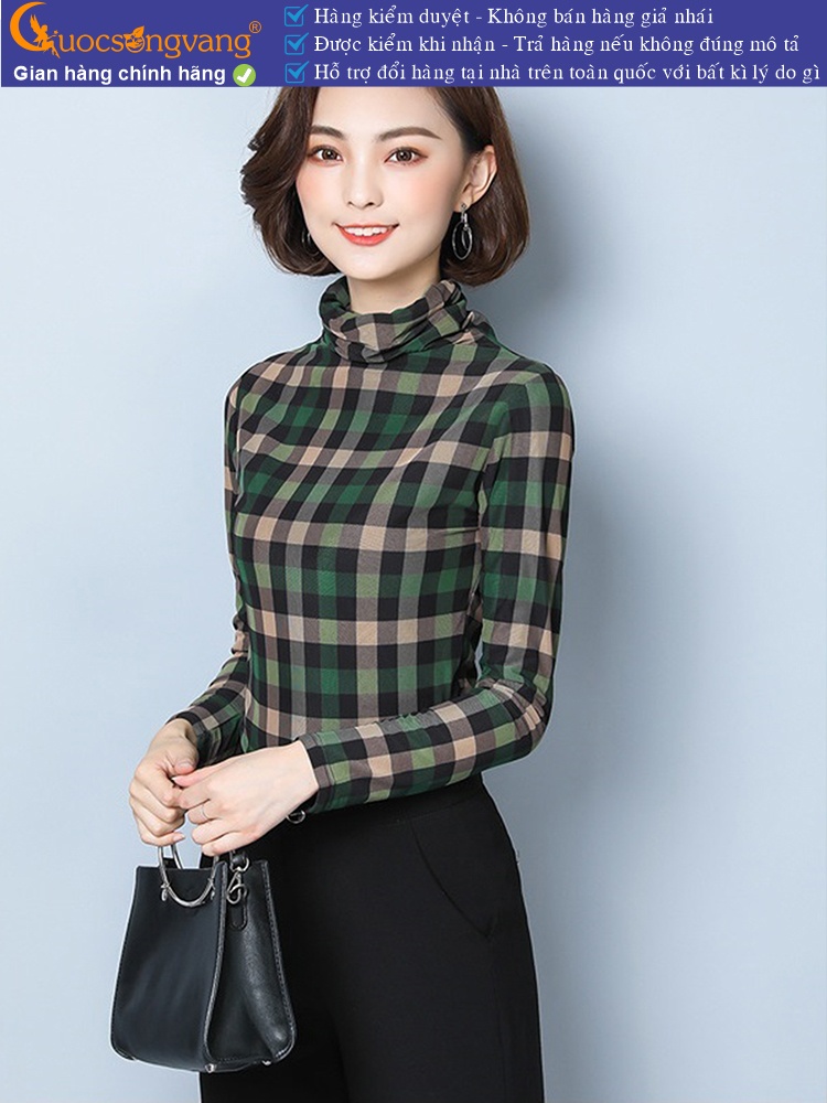 Áo thun nữ cổ lọ dài tay in caro GLA309