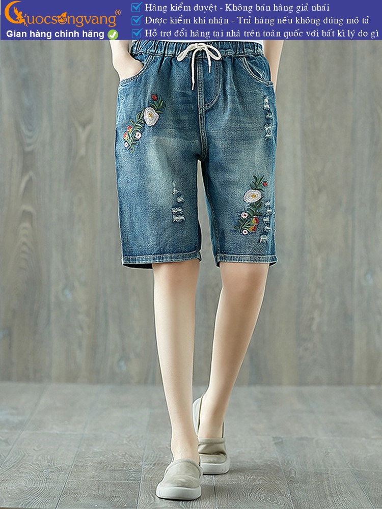 Quần lửng nữ jean lưng thun mài thêu GLQ107