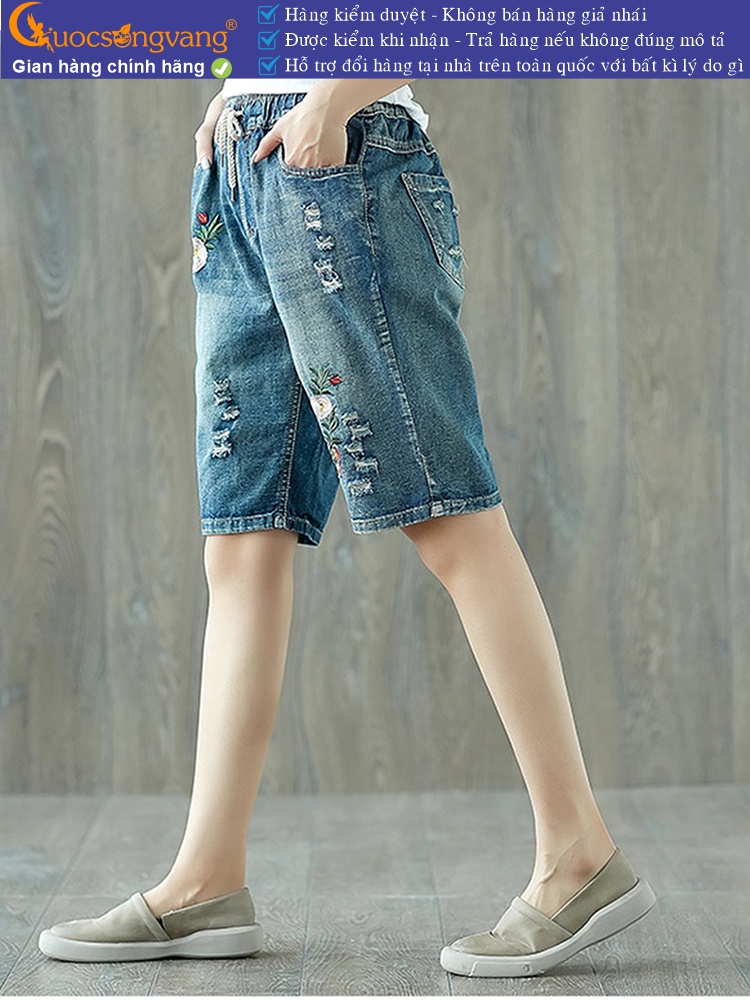 Quần lửng nữ jean lưng thun mài thêu GLQ107