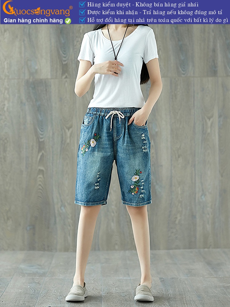 Quần lửng nữ jean lưng thun mài thêu GLQ107