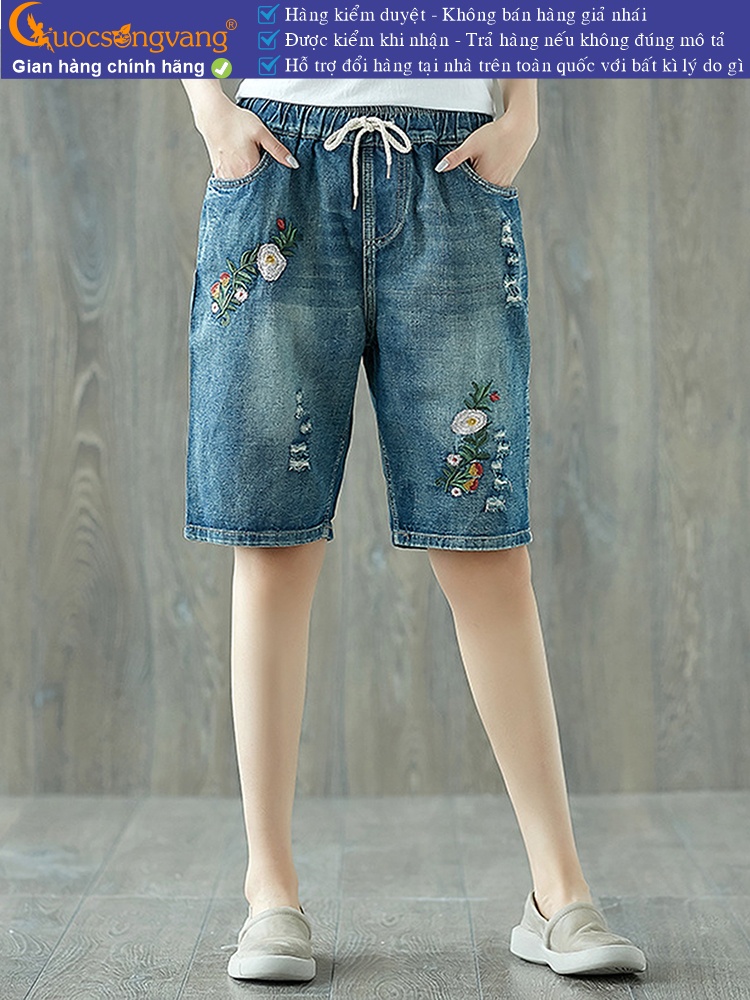 Quần lửng nữ jean lưng thun mài thêu GLQ107
