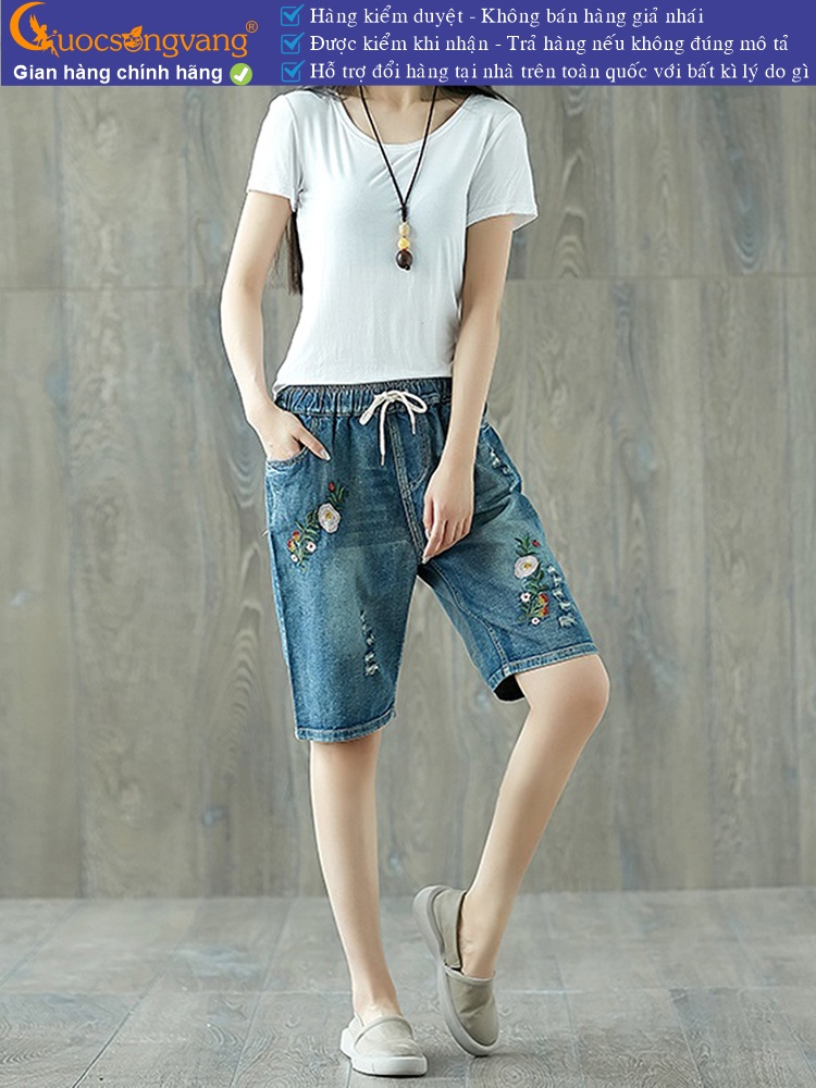 Quần lửng nữ jean lưng thun mài thêu GLQ107