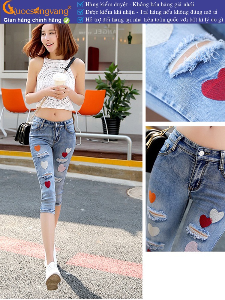 Quần lửng nữ mài rách thêu nghệ thuật dáng ôm GLQ086