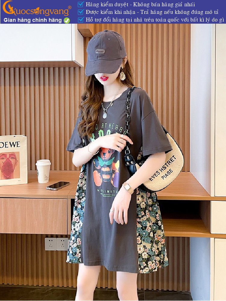Áo thun nữ phom rộng dáng dài ghép hoa GLA331