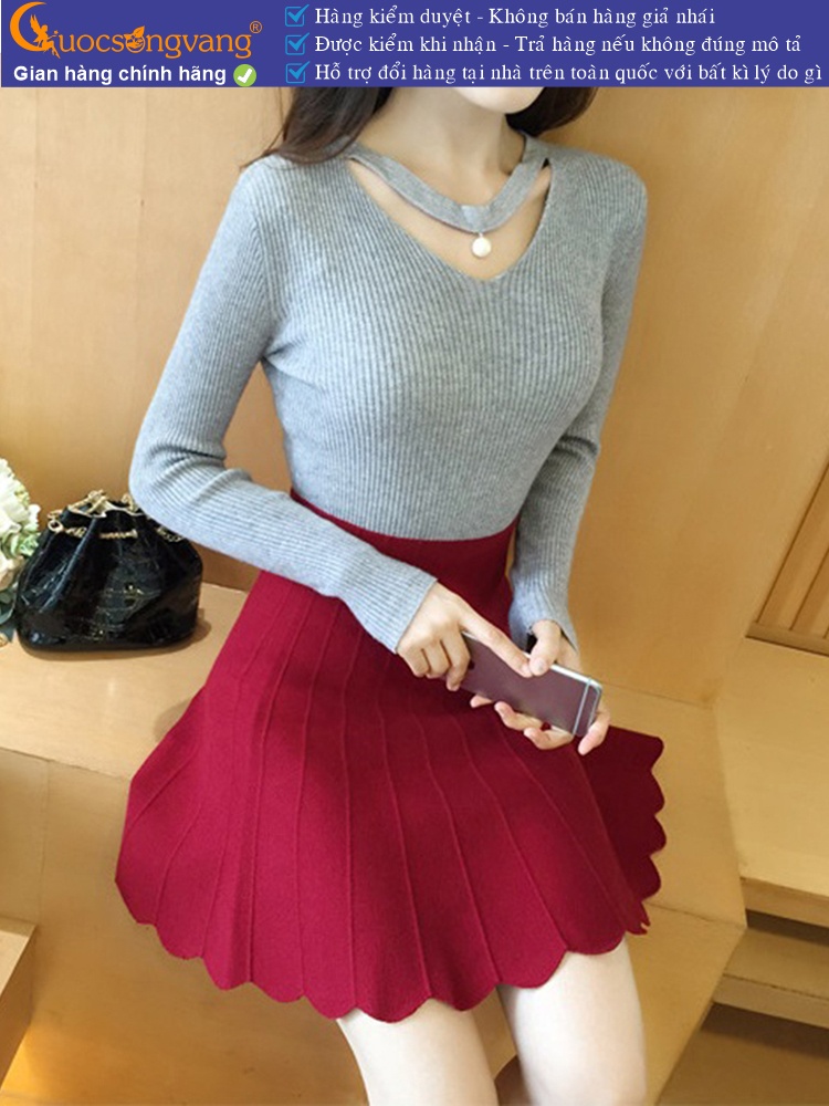 Áo len nữ cổ tim răng cưa dài tay GLA088