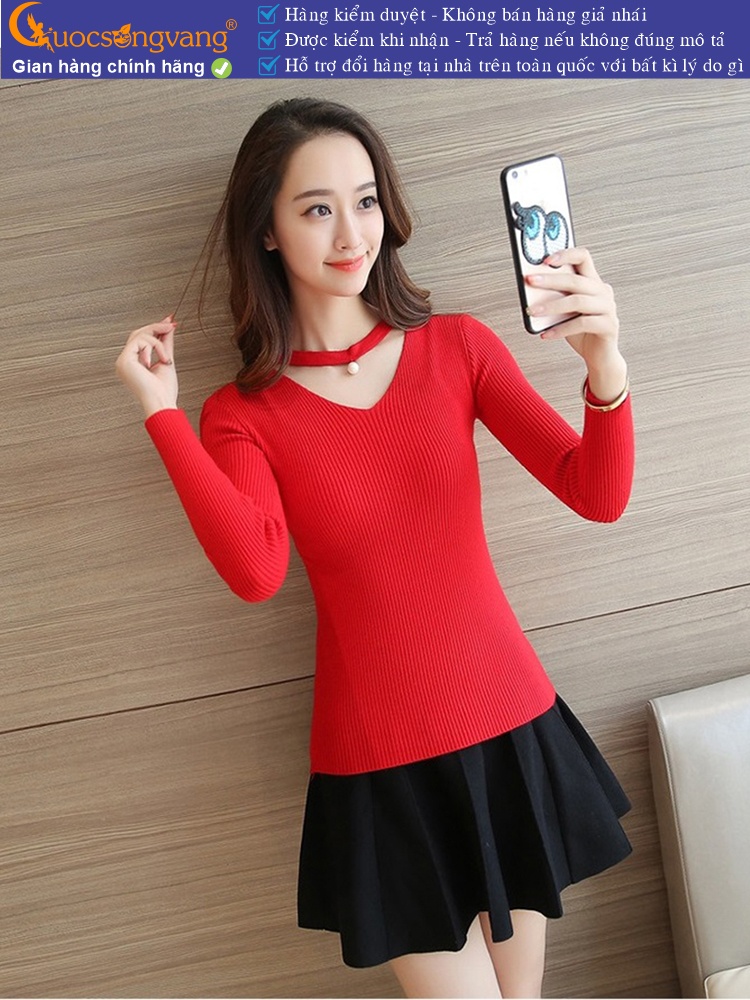 Áo len nữ cổ tim răng cưa dài tay GLA088